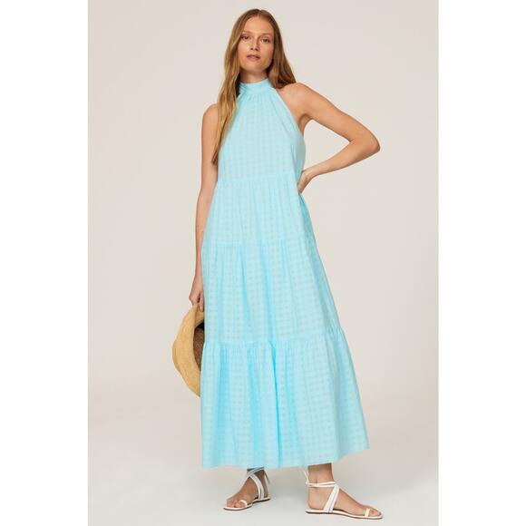 TRINA TURK Sky Blue 100% Cotton Halter Neck Sunglasses Maxi Dress Size XL - Picture 1 of 16